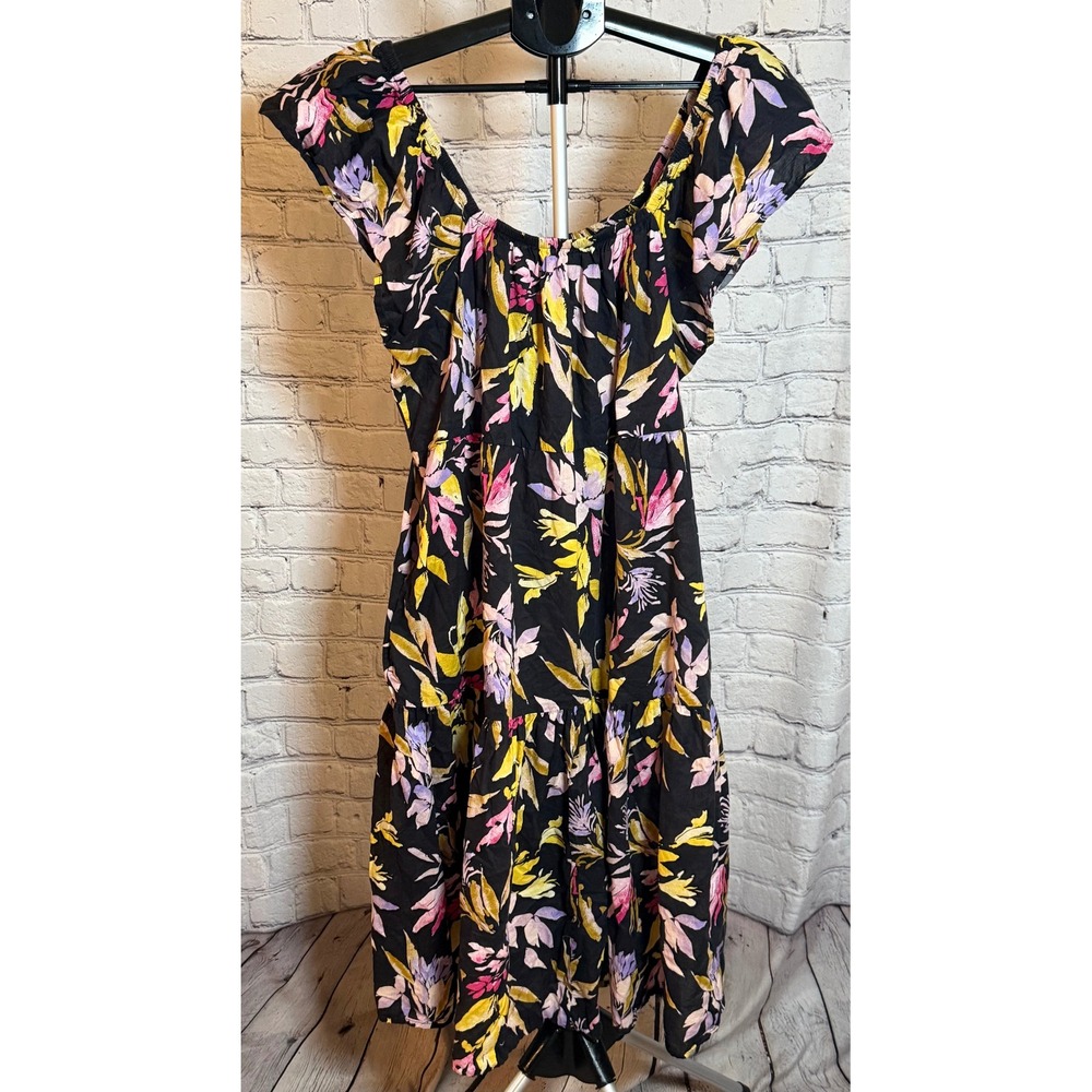 Time and Tru Womens XL Black Floral Cotton Tiered Midi‎ Dress Flutter Sleeve